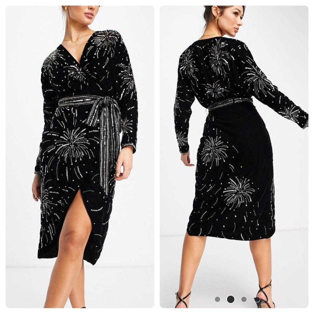 ASOS Design Velvet Midi Dress With Celestial Embellishment Black Wrap Style